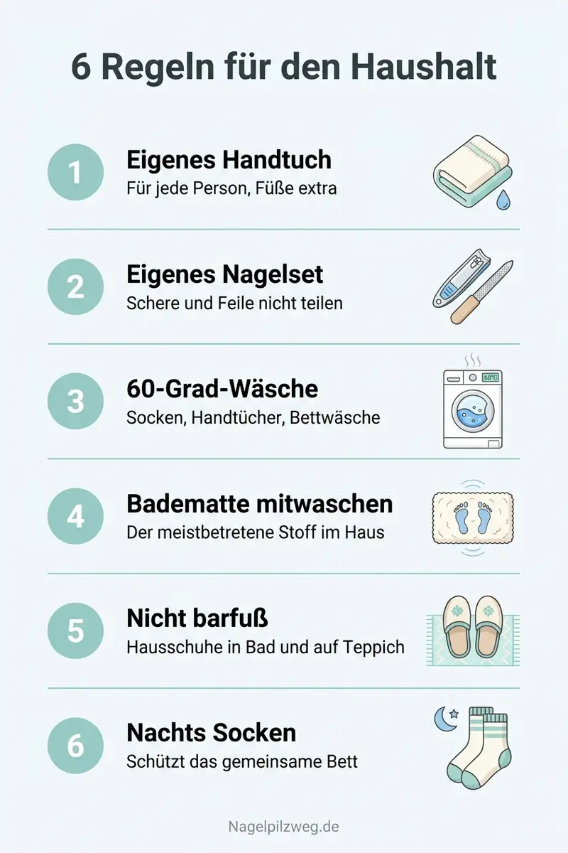 Infografik: Sechs Haushaltsregeln gegen die Übertragung von Nagelpilz